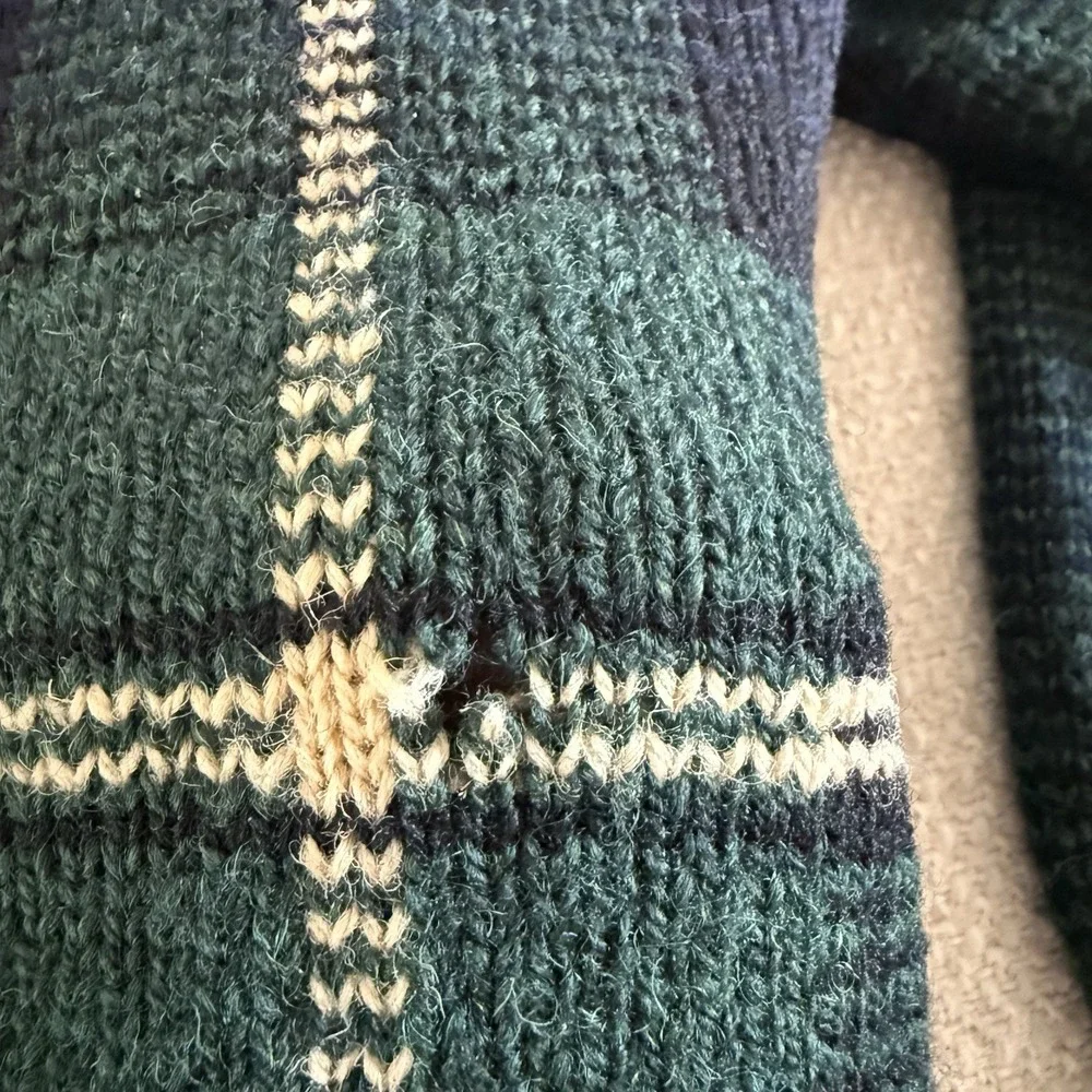 Vintage Polo Ralph Lauren Men's XL Wool Sweater Plaid Crew Neck Blue Green Knit
